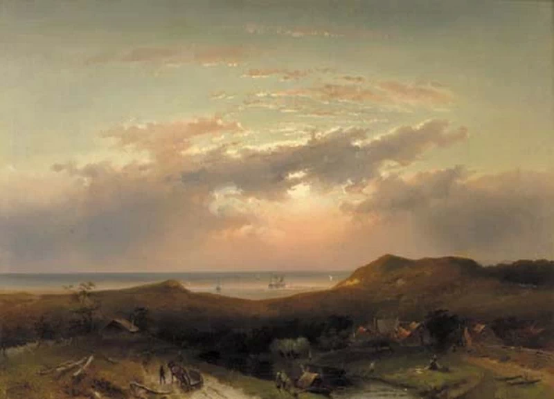 Charles Leickert - Un paesaggio costiero con abitanti del villaggio tra le dune